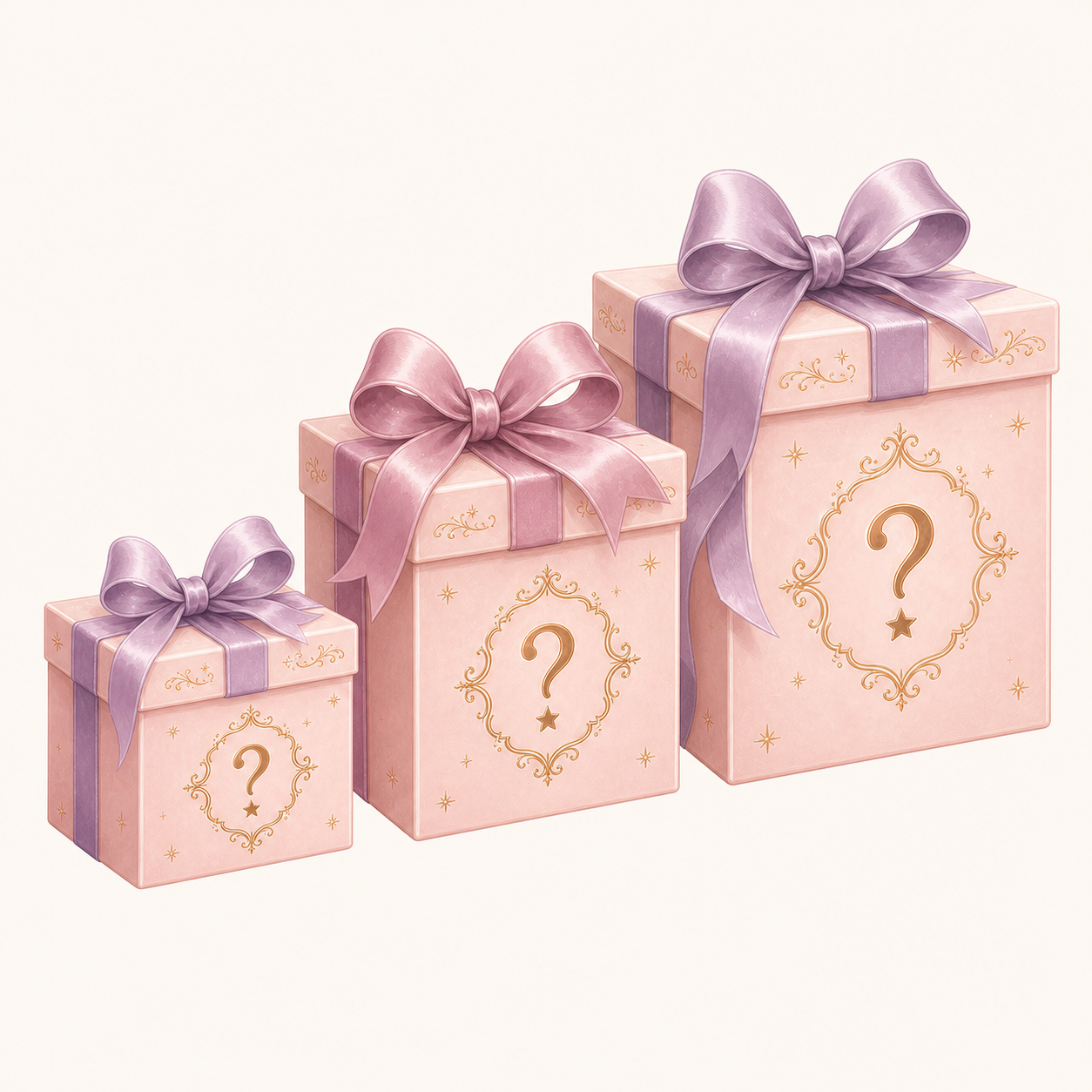 Three ribboned mystery boxes in small, medium, and large sizes