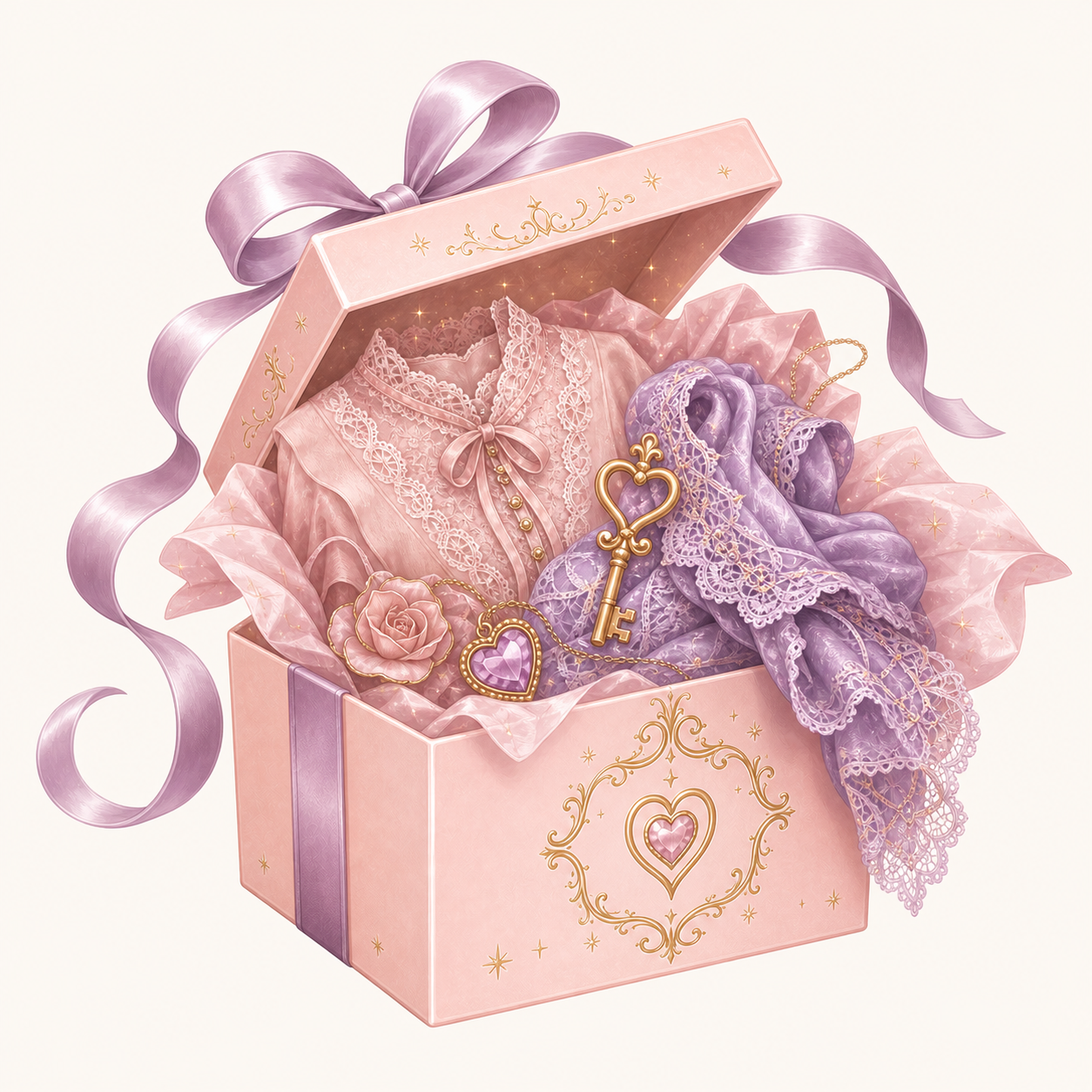 An open enchanted box revealing carefully wrapped garments and trinkets